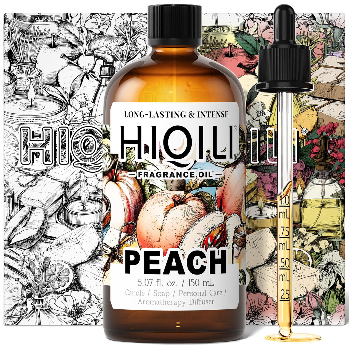 HIQILI huile pêche — bouteille, diffusion rapide du parfum fruité.
