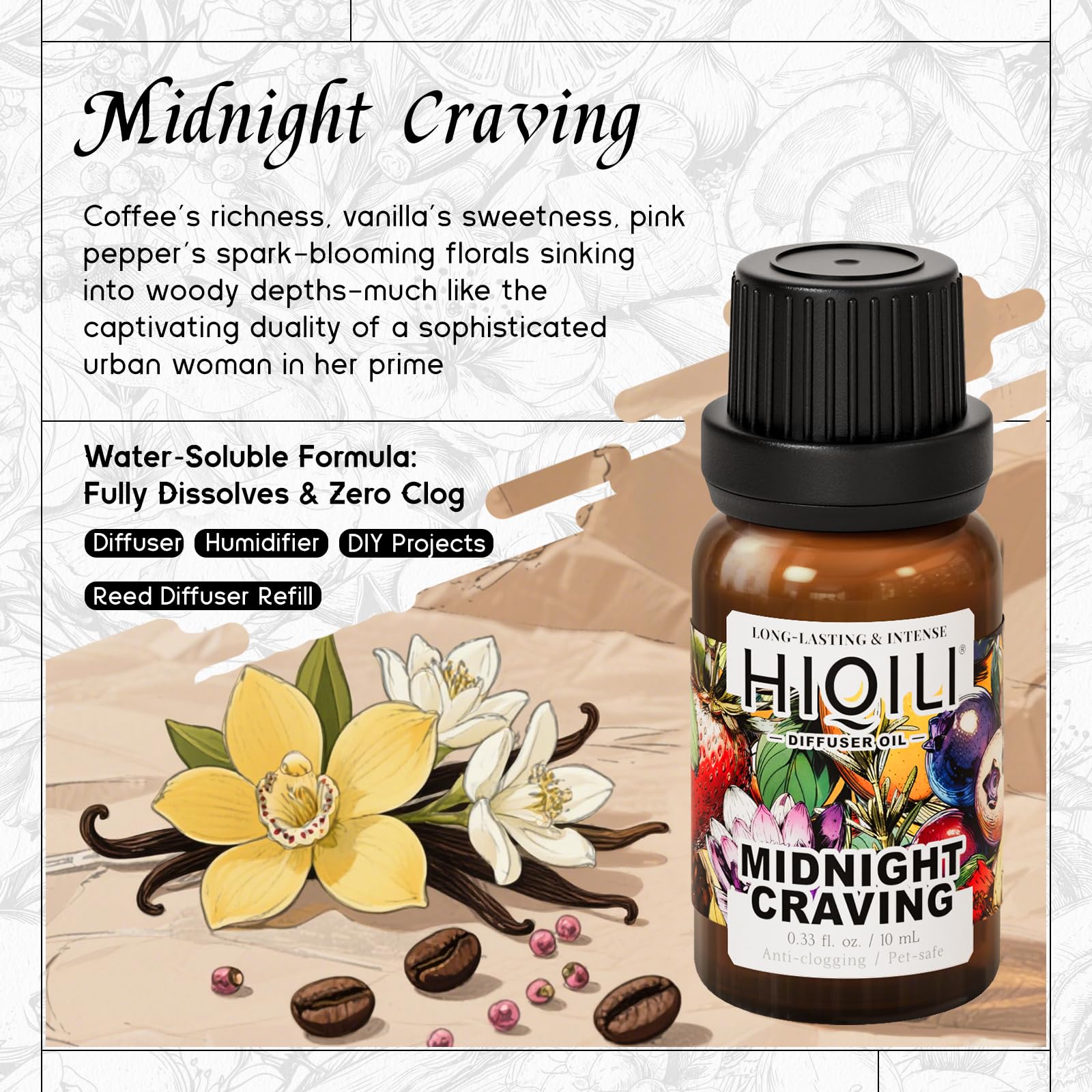 HIQILI Midnight Craving: parfum café-chocolat-blanc pour ambiance gourmande