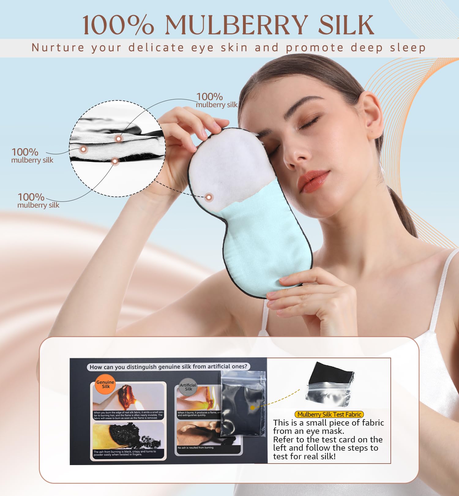 HiRui masque sommeil en soie double-face interieur, contact doux et hypoallergenique.