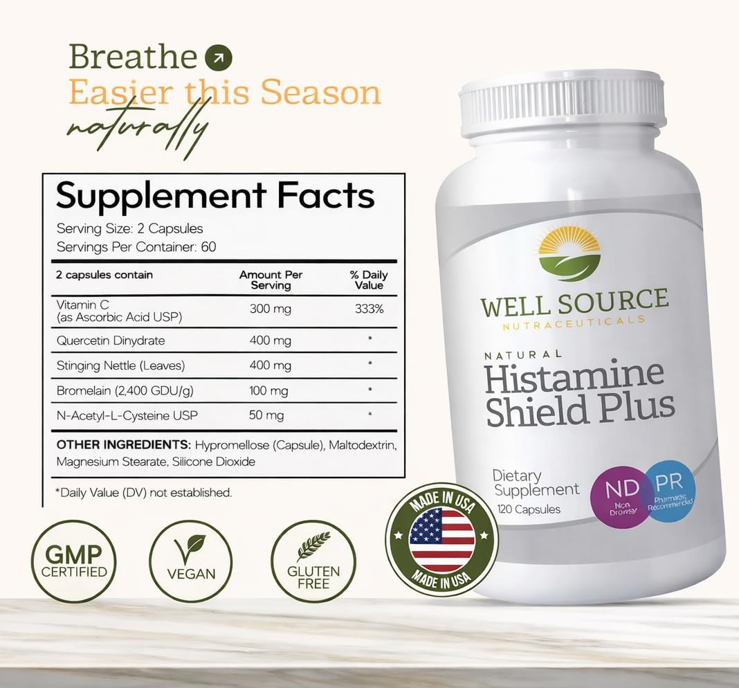Histamine Shield Plus: emballage et étiquette évoquant une solution naturelle pour votre quotidien.