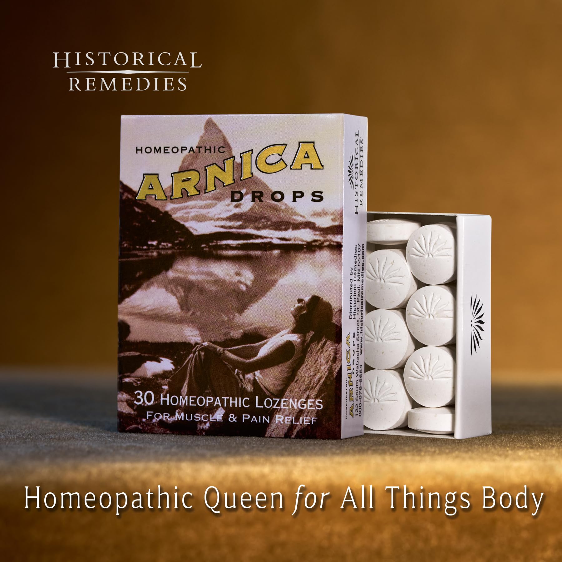 Arnica Drops Historical Remedies en format lozenge portable pour déplacements.