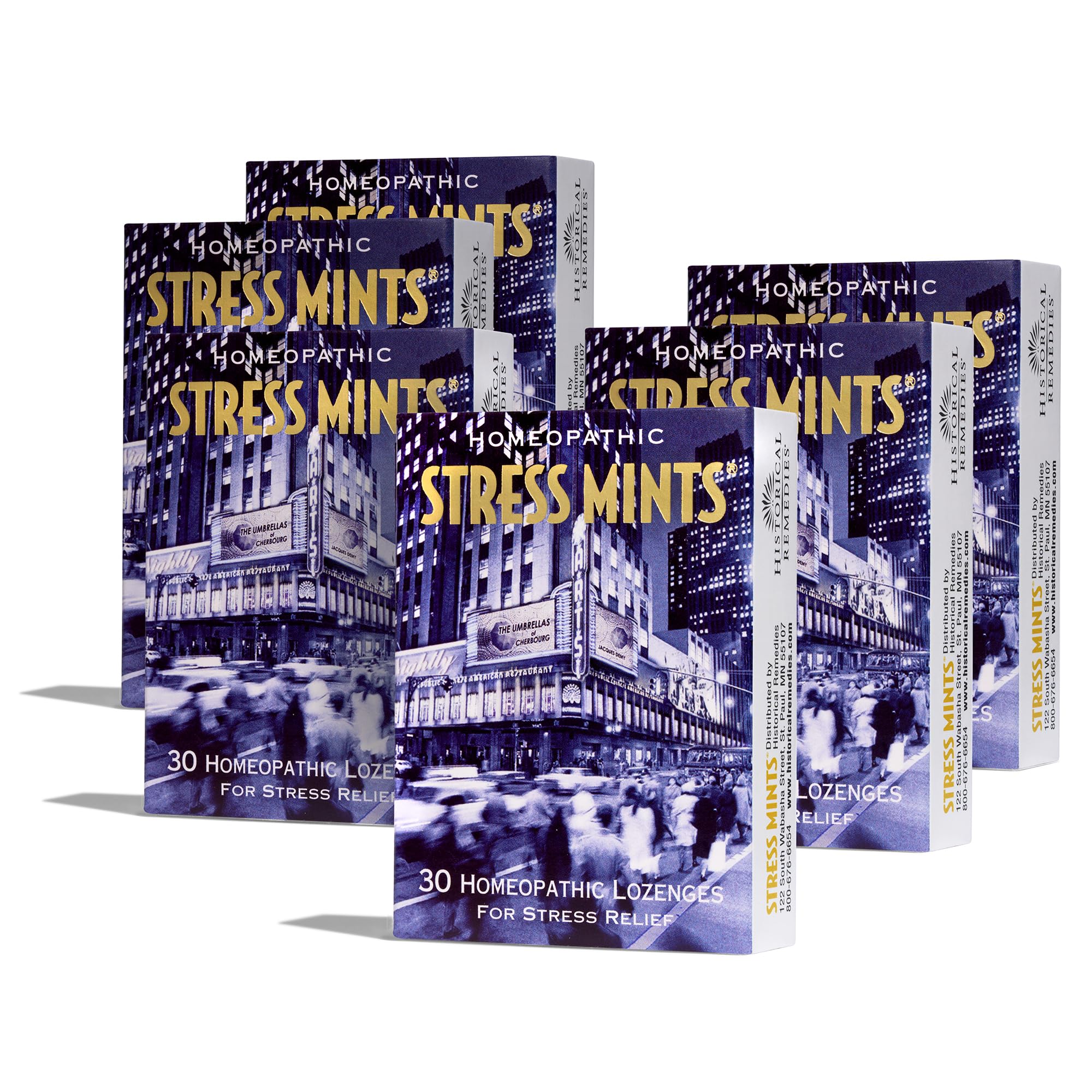 Stress Mints Historical Remedies dans emballage, solution pratique pour le stress en déplacement.
