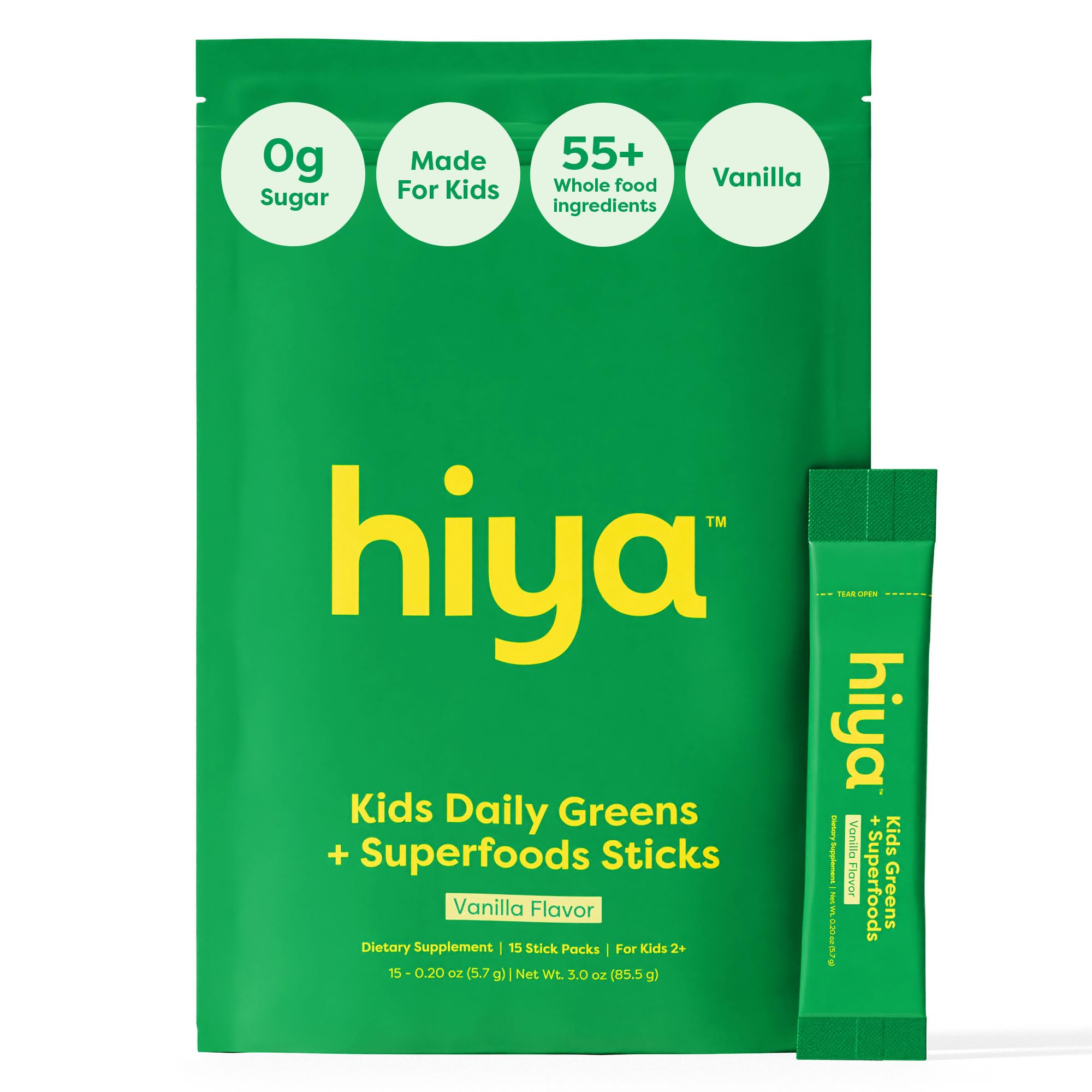 HIYA Kids Greens Stick vanille – emballage pratique pour un apport nutritif lors des goûters.