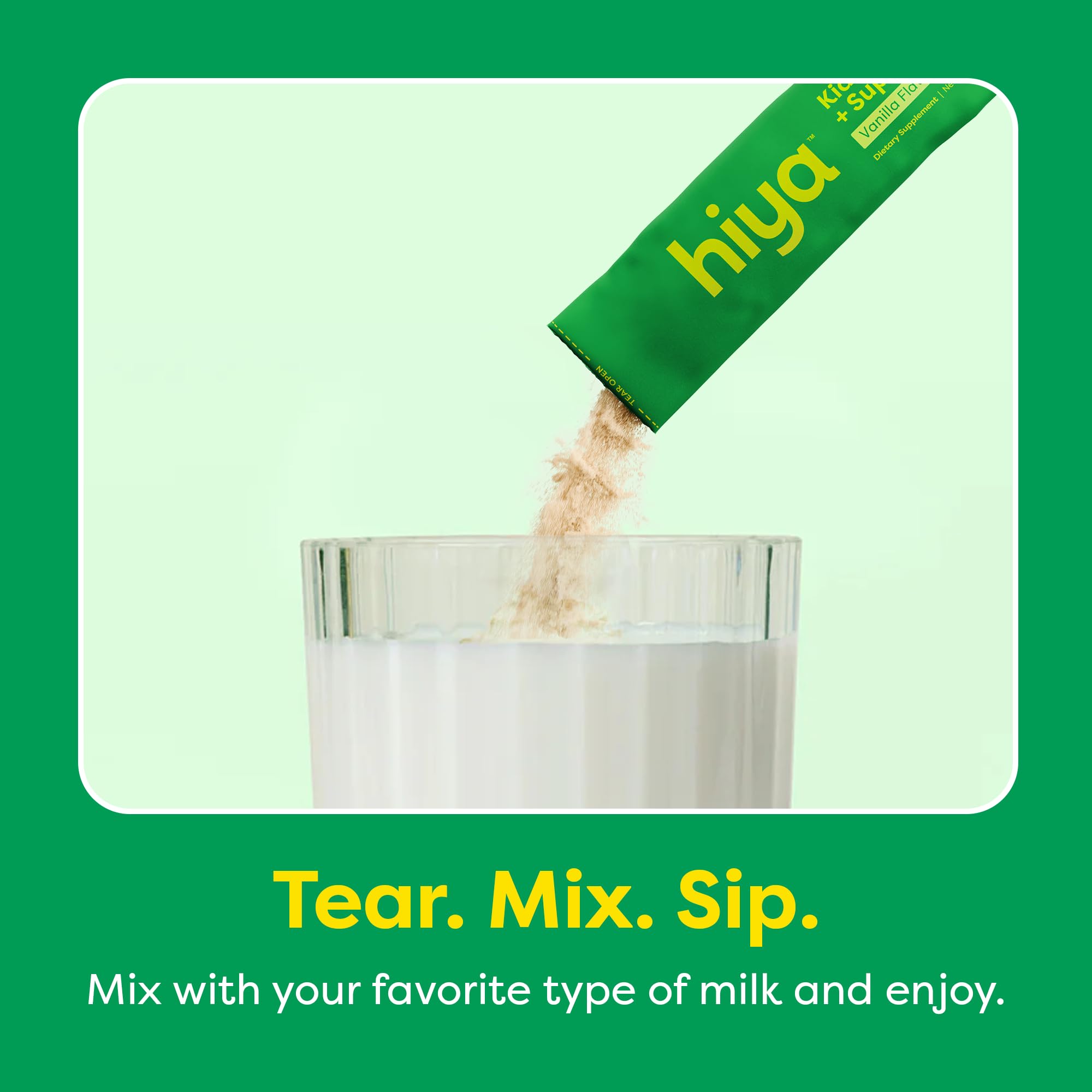 HIYA Kids Greens Stick vanille – suggéré pour des smoothies nutritifs et rapides.