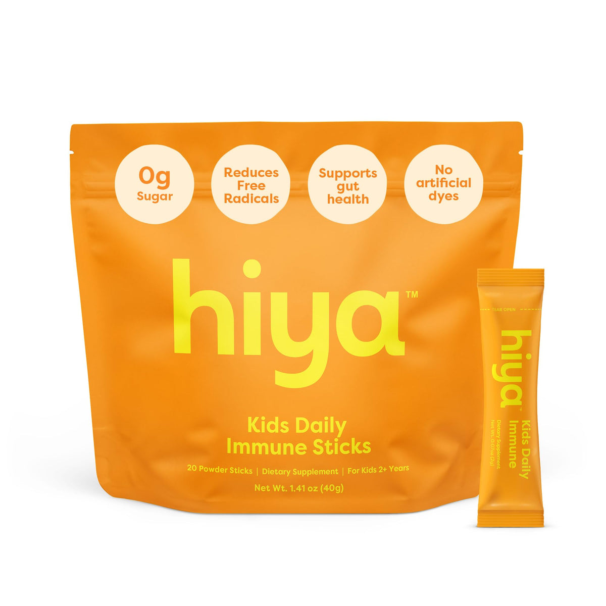 Hiya Kids Immunité bâtonnet emballage, pratique pour les repas des enfants sans sucre ajouté.