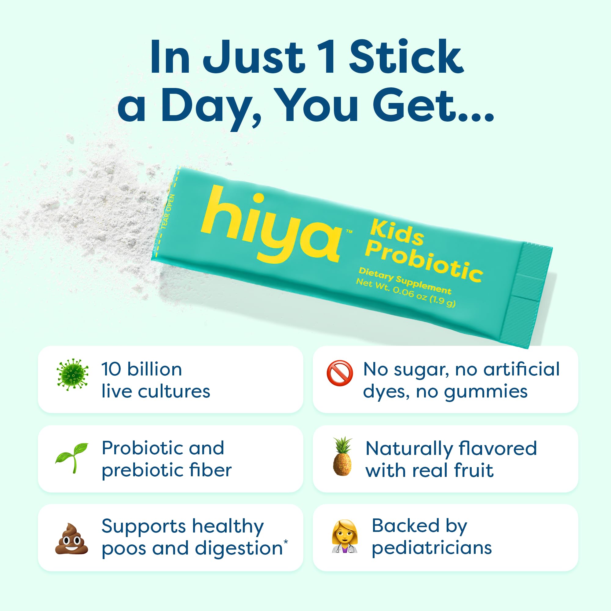 Hiya Kids Probiotic : batonnet ouverture facile pour dosage rapide.
