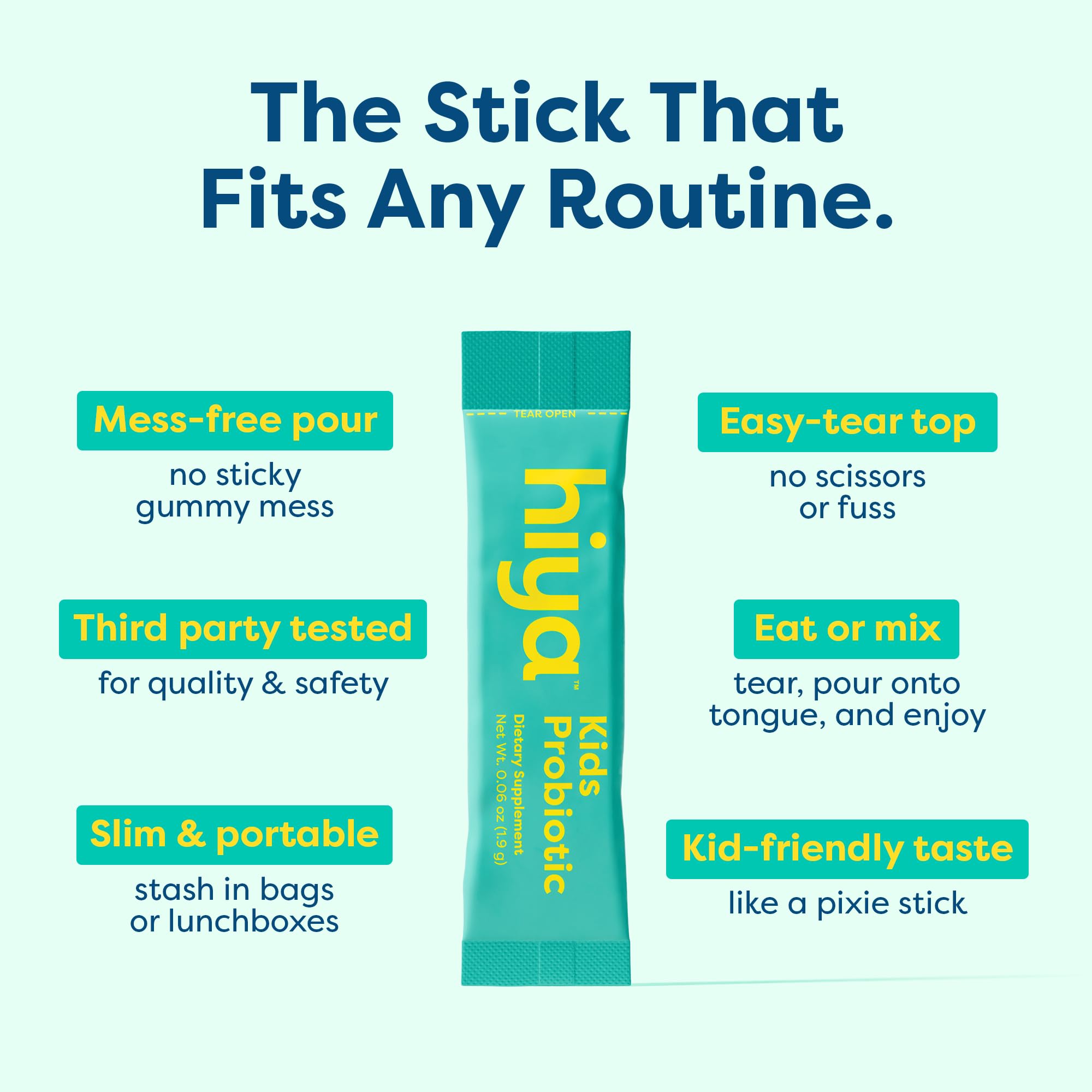 Hiya Kids Probiotic : mélange facile avec eau pour boire.