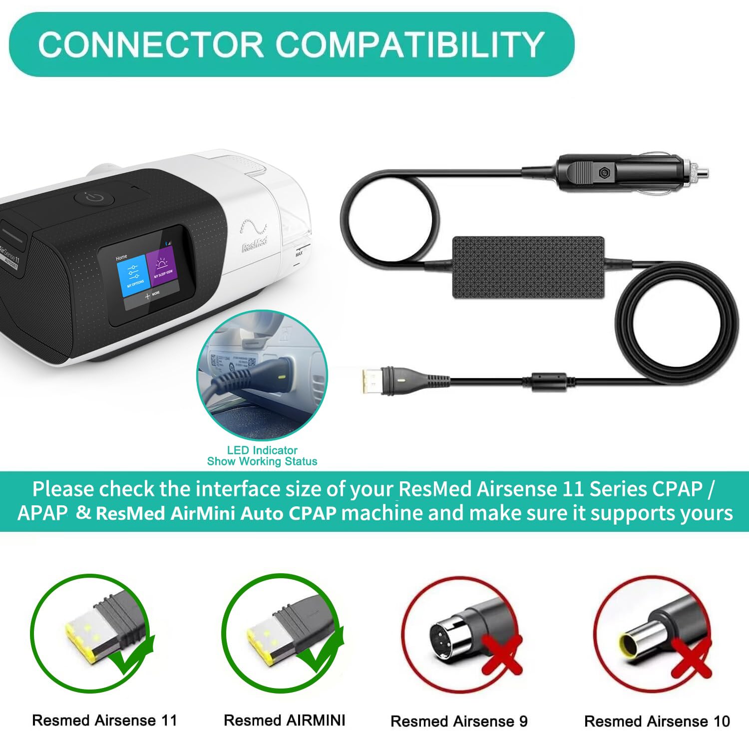 HKY adaptateur 65 W pour AirCurve 11 VAuto, alimentation sécurisée en route.