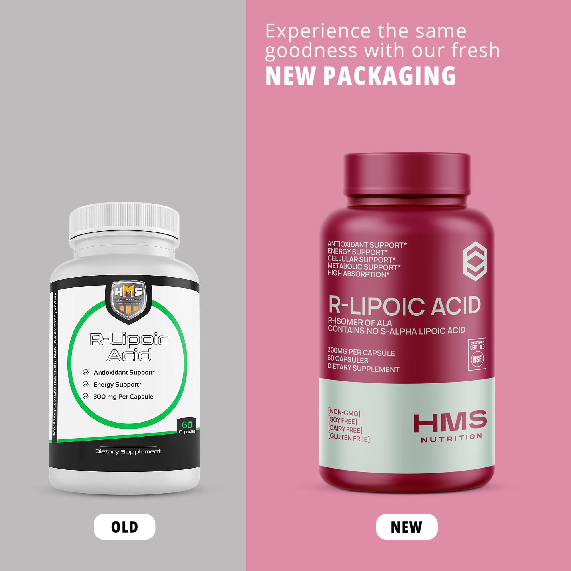 Étiquette végan HMS Nutrition Acide lipoïque R stabilisé, option sans allergènes