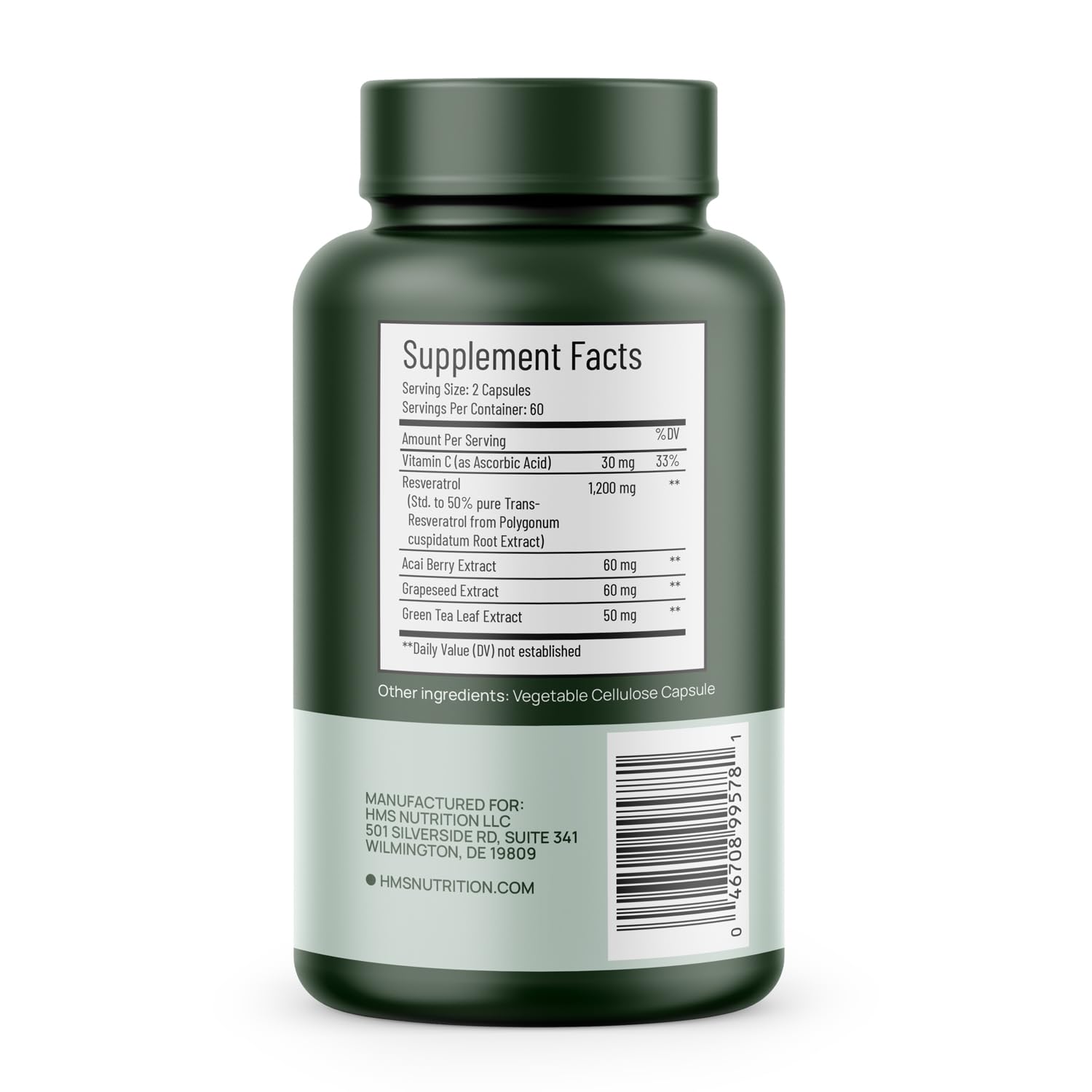 Gélules HMS Nutrition Resveratrol faciles à avaler pour une routine quotidienne.