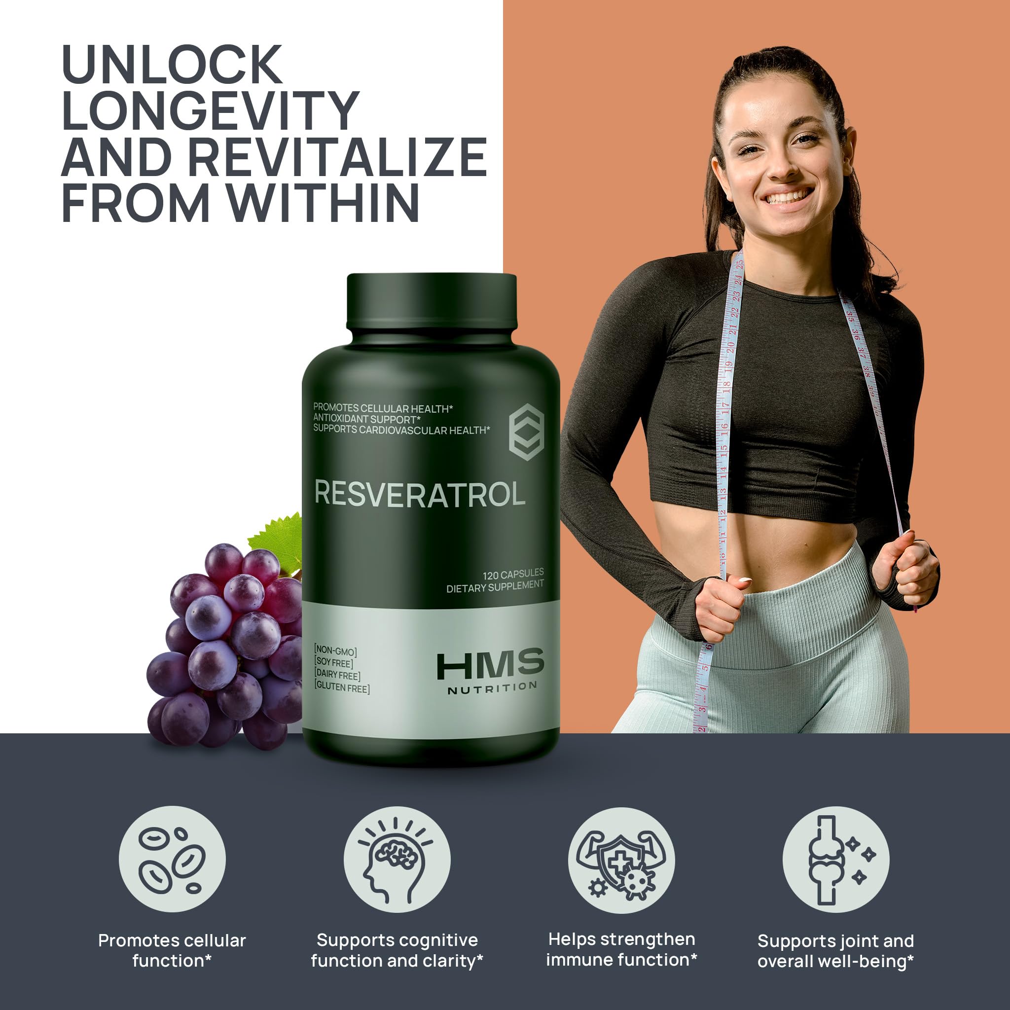 Gélules HMS Nutrition Resveratrol prêt à être prises avec un verre d'eau.