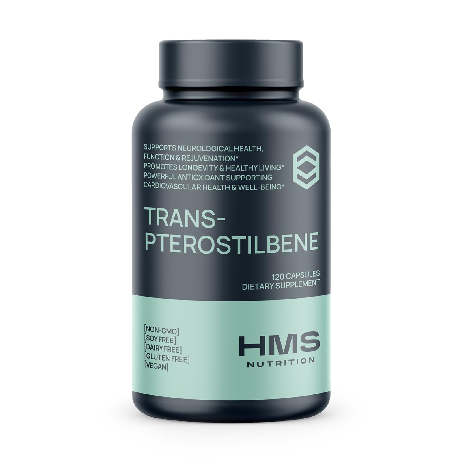 HMS Nutrition Trans‑Pterostilbene 200 mg, capsules véganes, soutien antioxydant potentiel au quotidien.