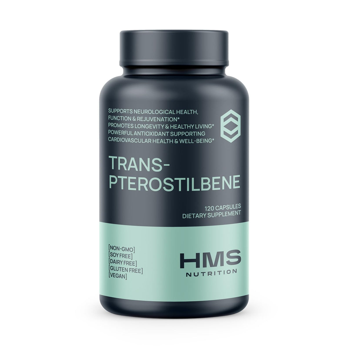 HMS Nutrition Trans‑Pterostilbene 200 mg, capsules véganes, soutien antioxydant potentiel au quotidien.