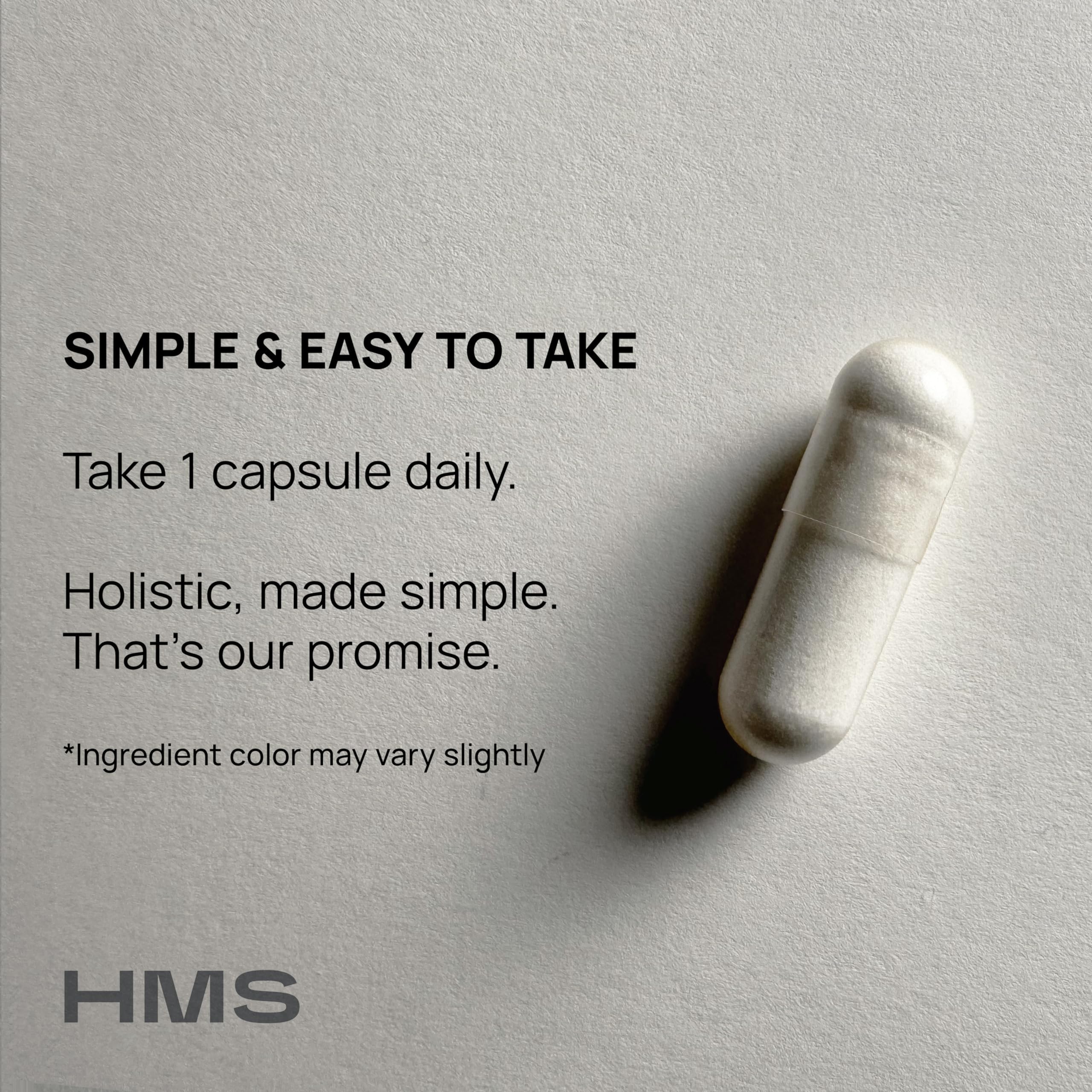 Emballage HMS Trans‑Pterostilbene, sans allergènes, recyclable et informations utiles pour une utilisation durable.