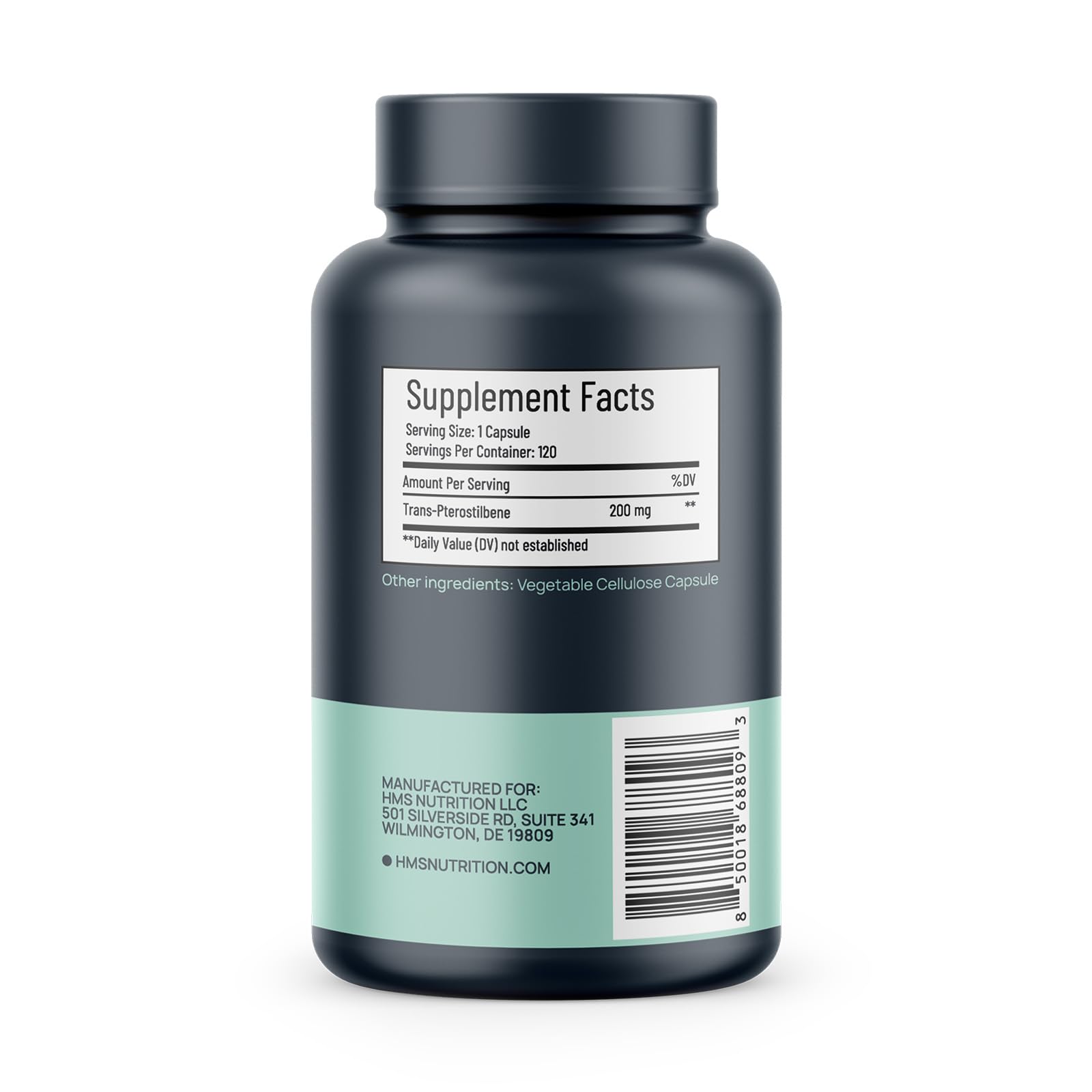 Étiquette Trans‑Pterostilbene HMS, dosage et usages clairs pour soutenir l'énergie.
