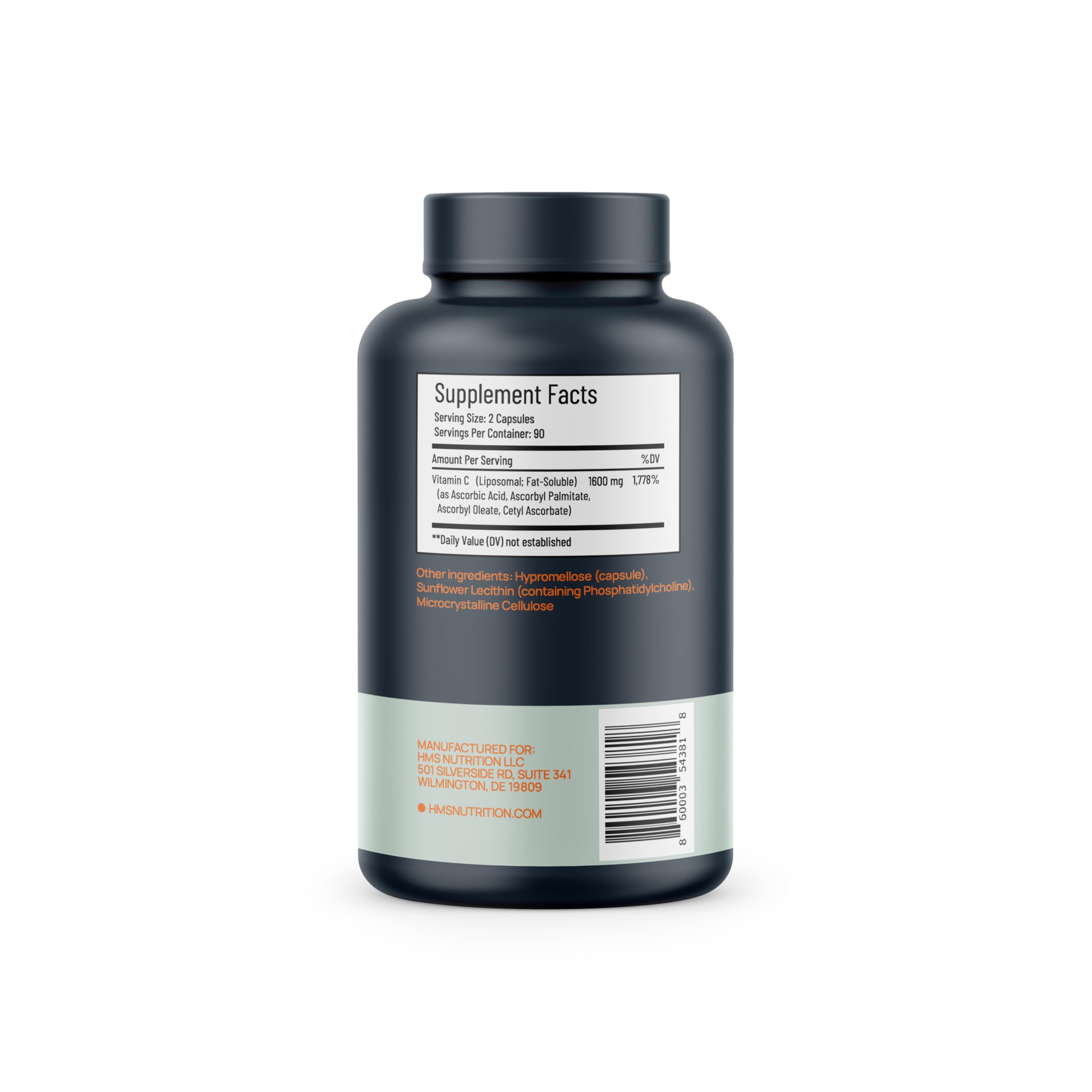 Étiquette HMS Nutrition Vitamine C liposomale 1600 mg sur le flacon