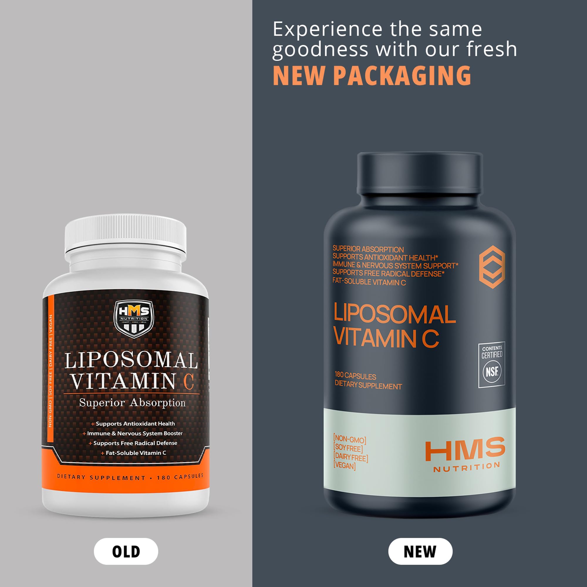 Logo NSF sur flacon HMS Nutrition Vitamine C liposomale 1600 mg, assurance qualité