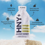 Étiquetage clair HNY+ bio sans maltodextrine, simple à comprendre.