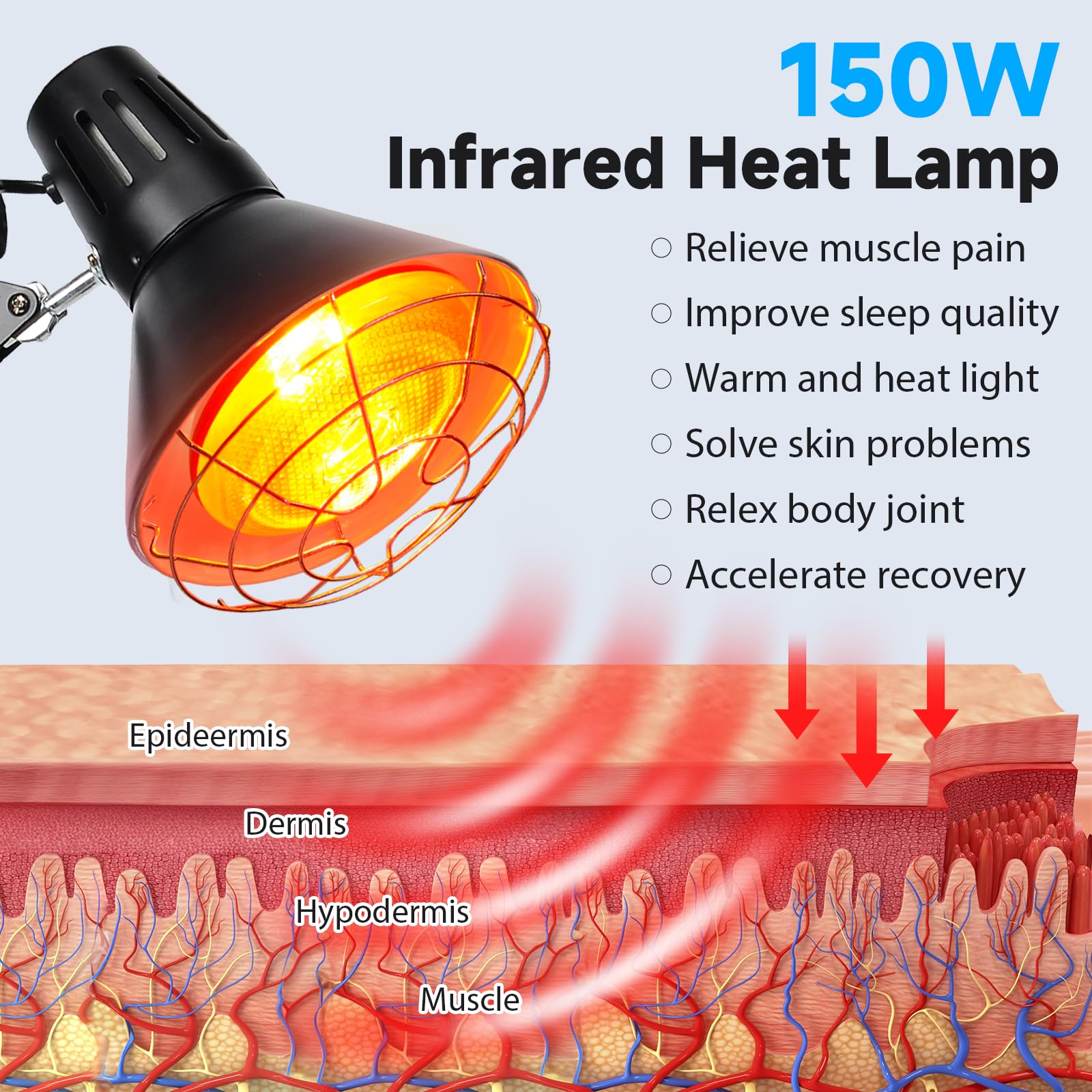 Hoakya lampe infrarouge 150W en inclinaison reglable pour les zones ciblées.