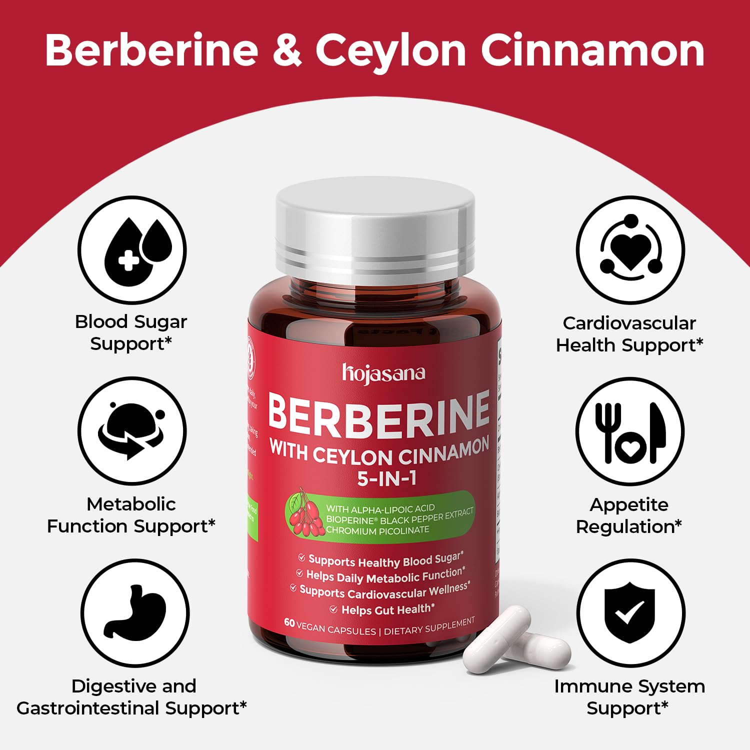 HojaSana Berberine-bouteille: 60capsules pour une utilisation mensuelle.