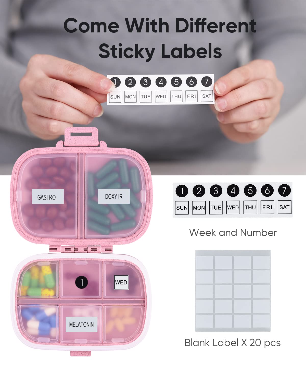 Holii Travel Pill Organizer : 8 compartiments rose pour organiser les pilules selon leur taille.
