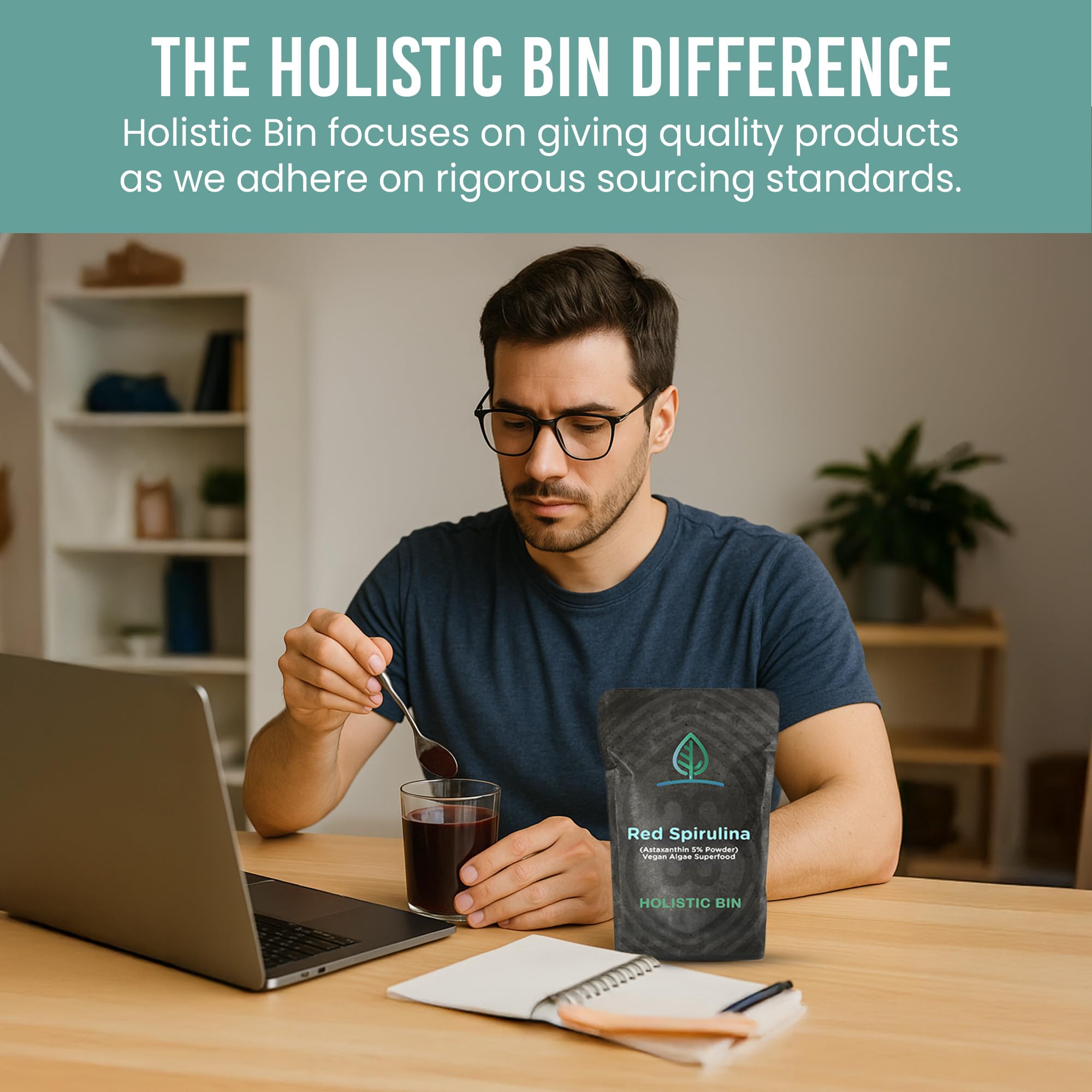 Holistic Bin Bouteille Poudre Astaxanthine : flacon pratique pour préserver fraîcheur et dosage facile.