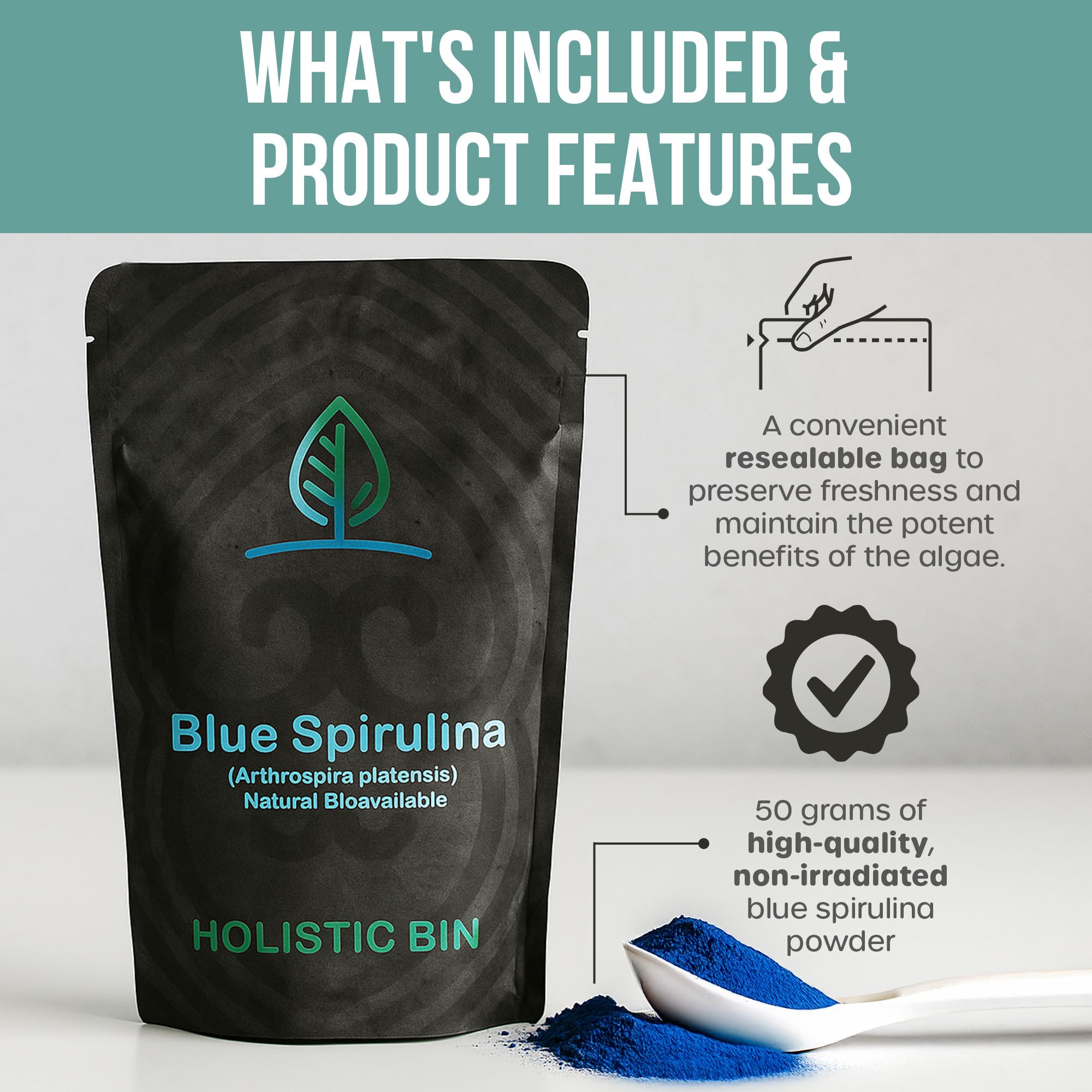 Holistic Bin Poudre Spiruline Bleue, poudre fine prête à être ajoutée dans les smoothies.