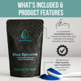 Holistic Bin Poudre Spiruline Bleue, poudre fine prête à être ajoutée dans les smoothies.