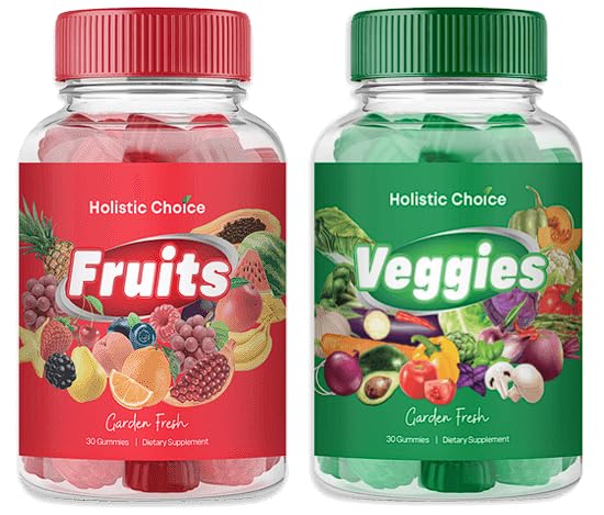 Holistic Choice Veggies Gummies, bouteille légumes verts, goût léger et complément pratique.