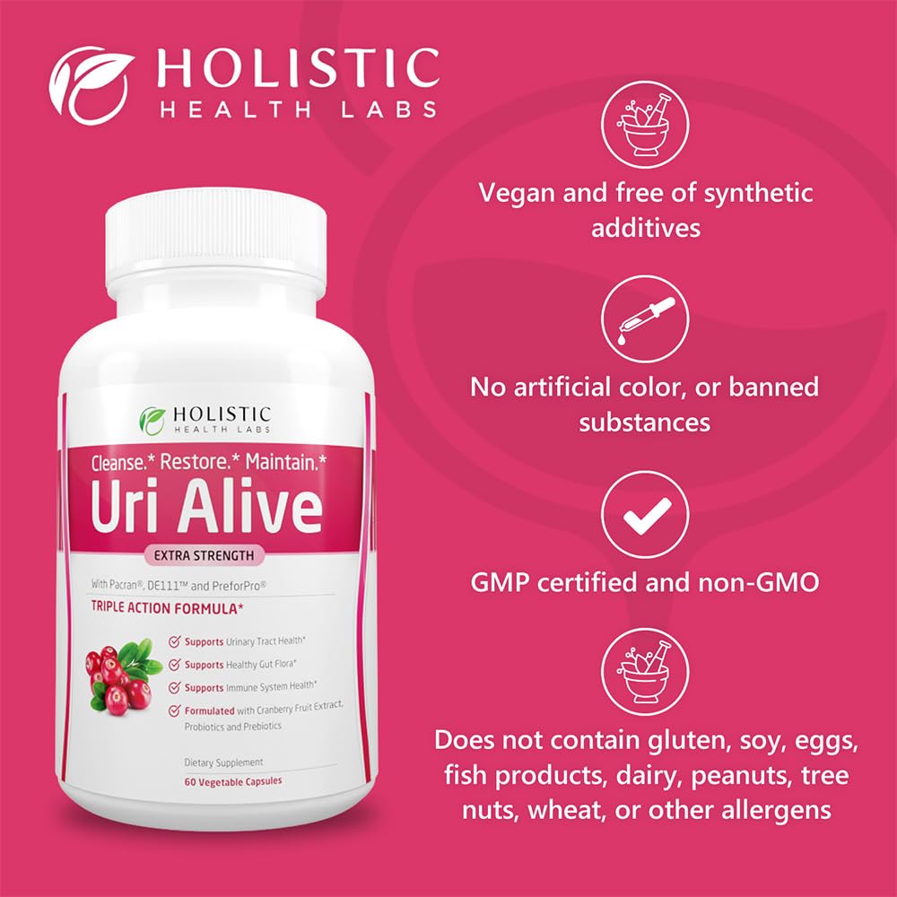 Capsules Uri Alive alignées, symbole de prébiotiques et probiotiques pour la flore et l'immunité.