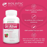Capsules Uri Alive alignées, symbole de prébiotiques et probiotiques pour la flore et l'immunité.