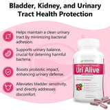 Boîte ouverte Uri Alive avec fiche, mettant en avant Pacran et prébiotiques/probiotiques.