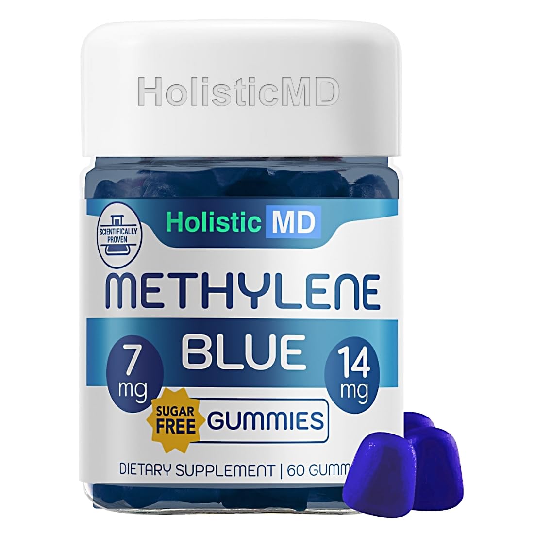 Holistic MD Methylene Blue: flacon visible, dosage option 7 mg et 14 mg possibles.