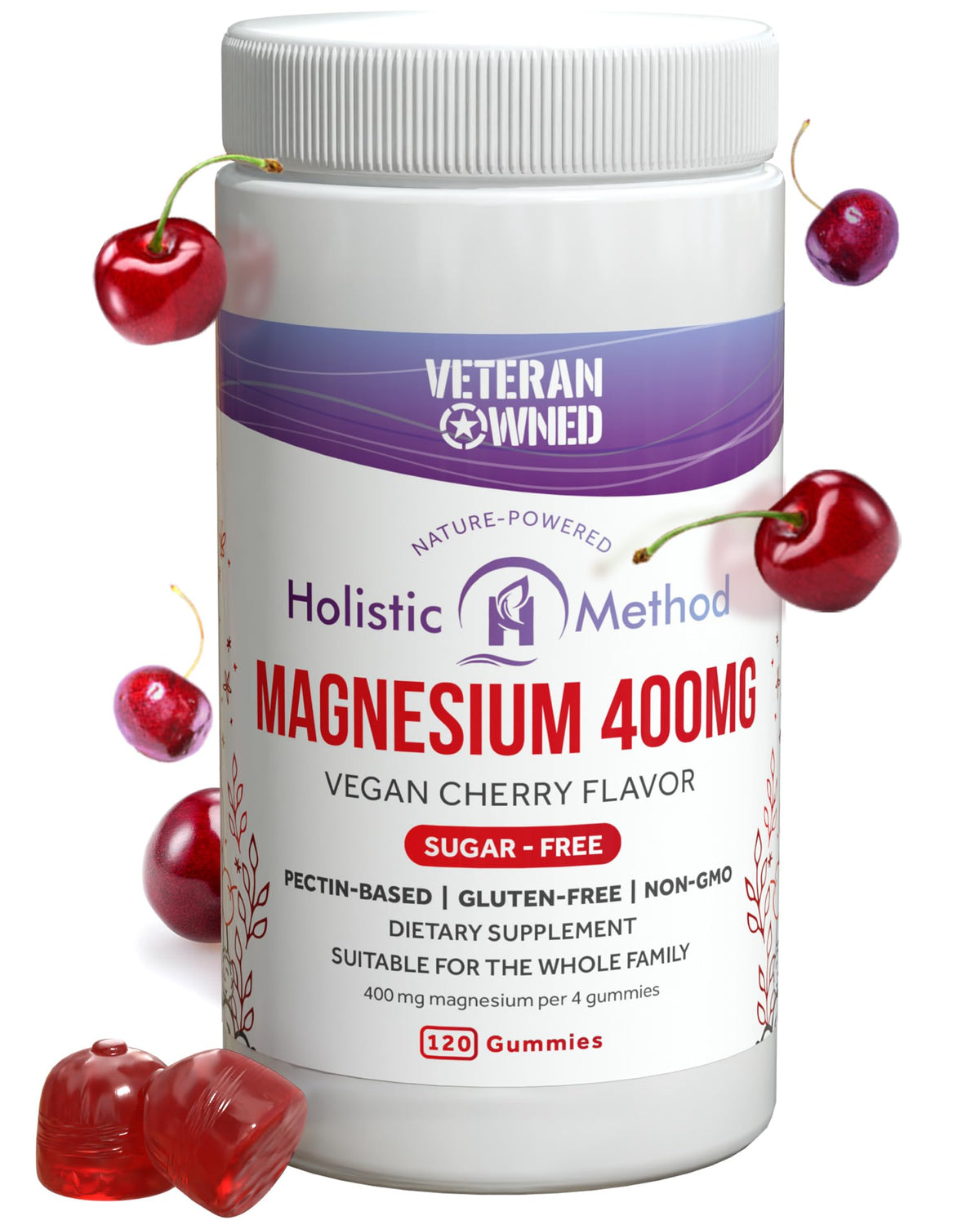 Gommes Holistic Method magnésium citrate cerise, bouteille pratique pour la détente potentielle.