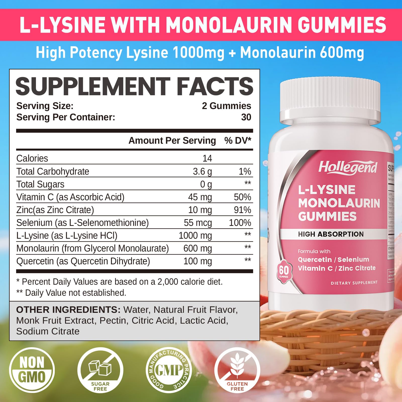 Gommes HOLLEGEND L-Lysine Monolaurin, texture pêche douce et appétissante.