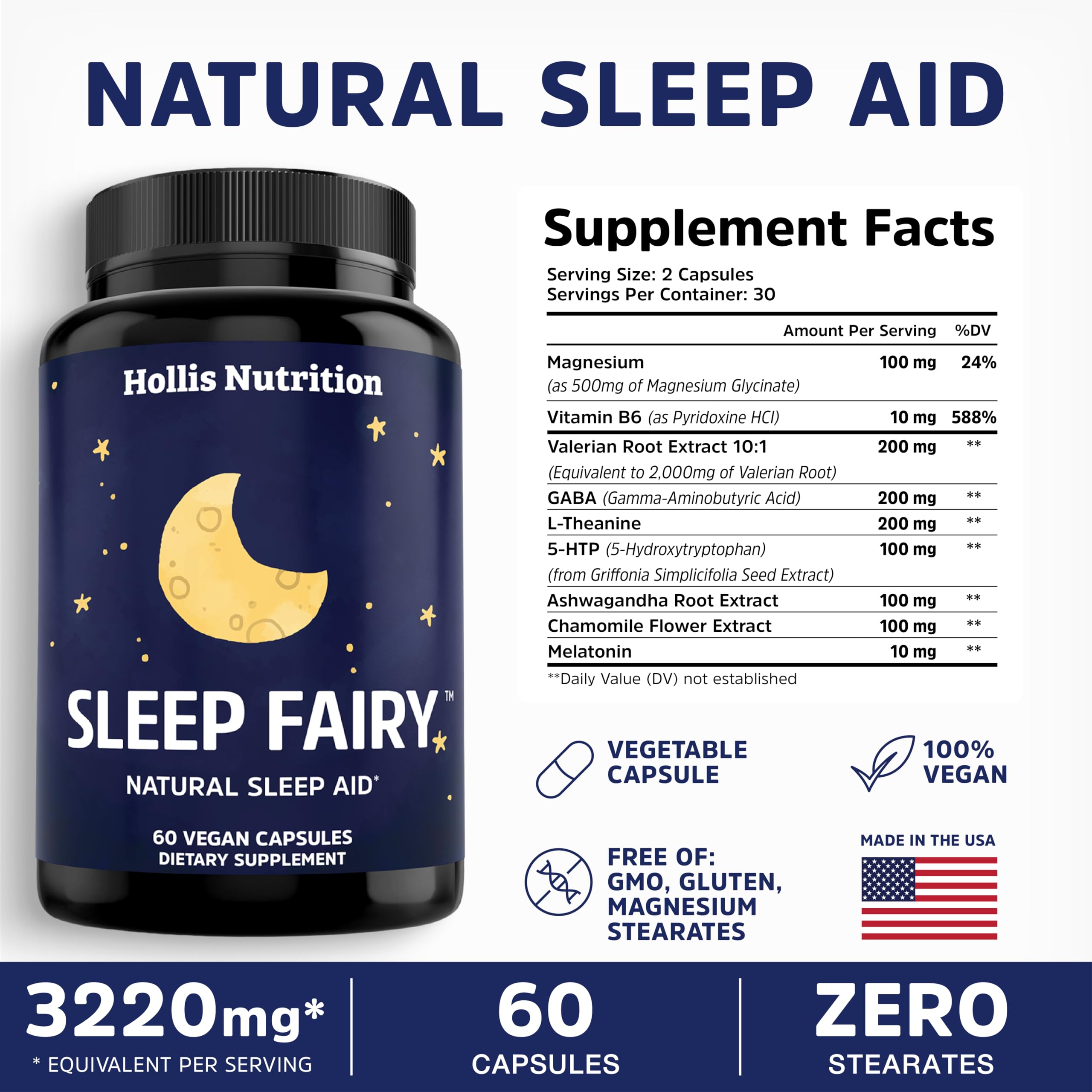 Sleep Fairy de Hollis Nutrition – ingrédients végétaux et mélatonine pour le confort nocturne.