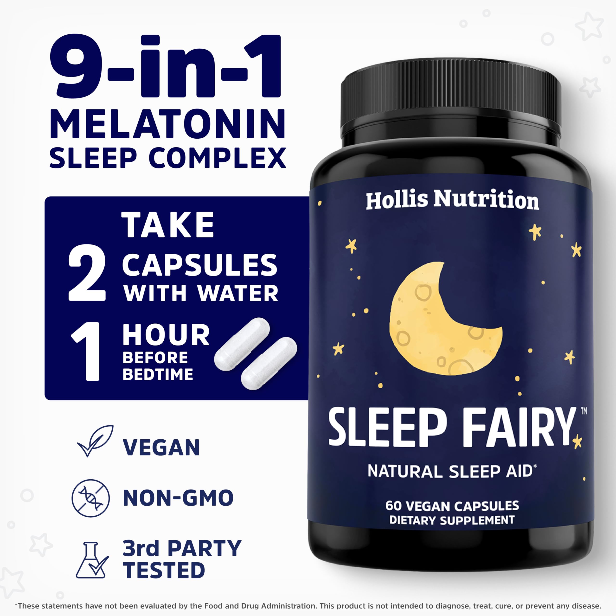 Gélules Sleep Fairy et étiquette indiquant dosage pour la routine nocturne.
