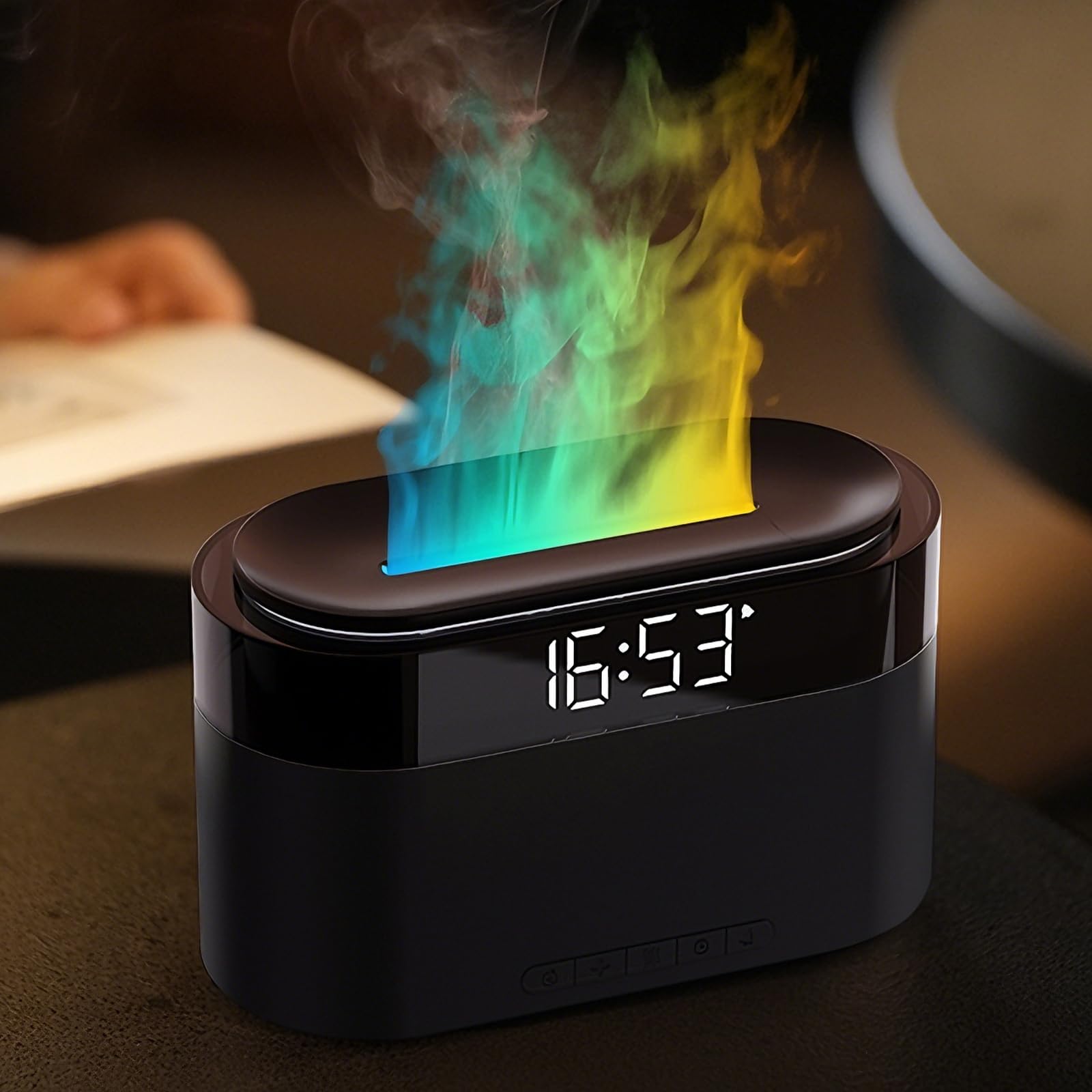 Holwim diffuseur arôme avec flamme réaliste et horloge intégrée pour ambiance chaleureuse