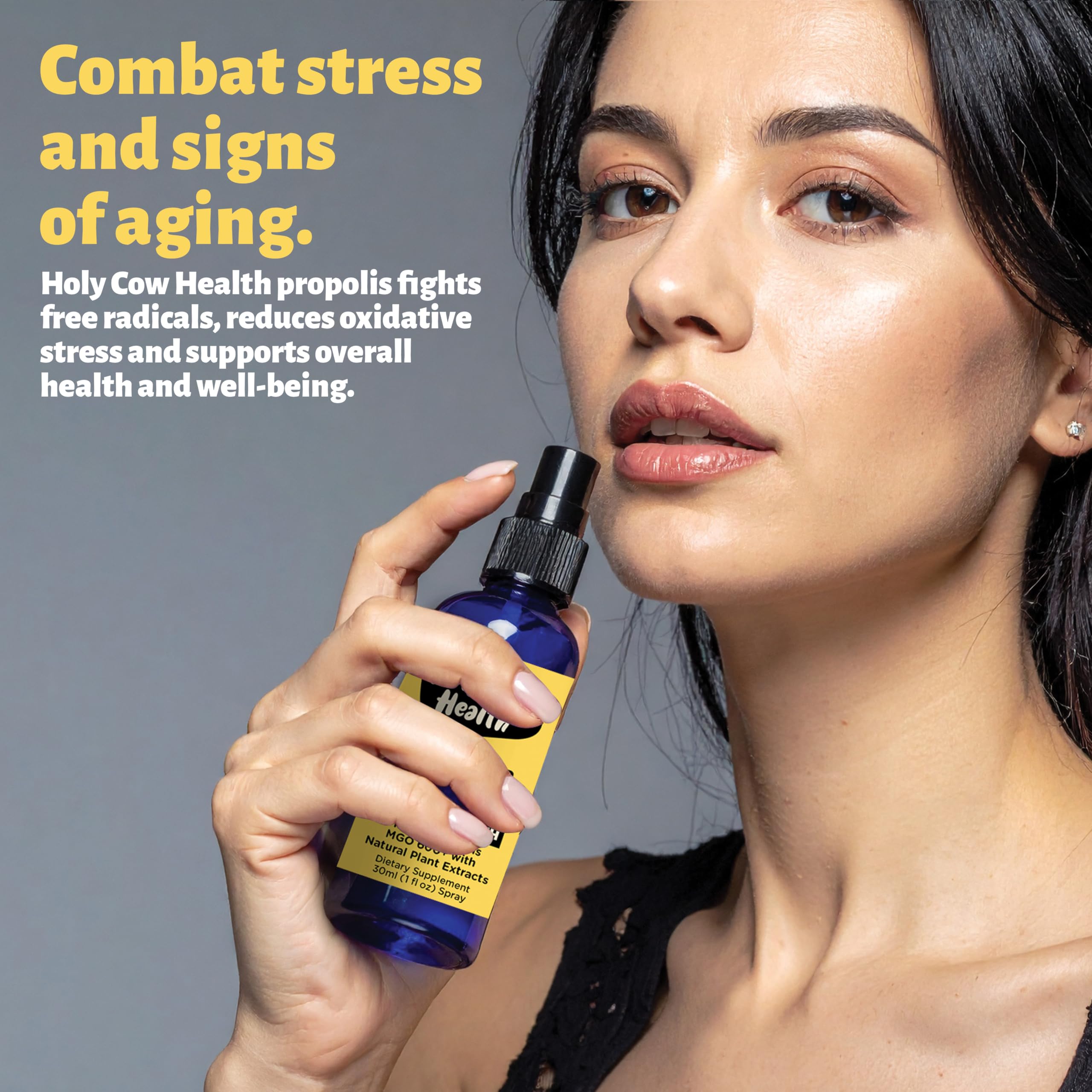 Holy Cow Health Propolis Manuka Spray, huile essentielle myrrhe pour une note chaude.