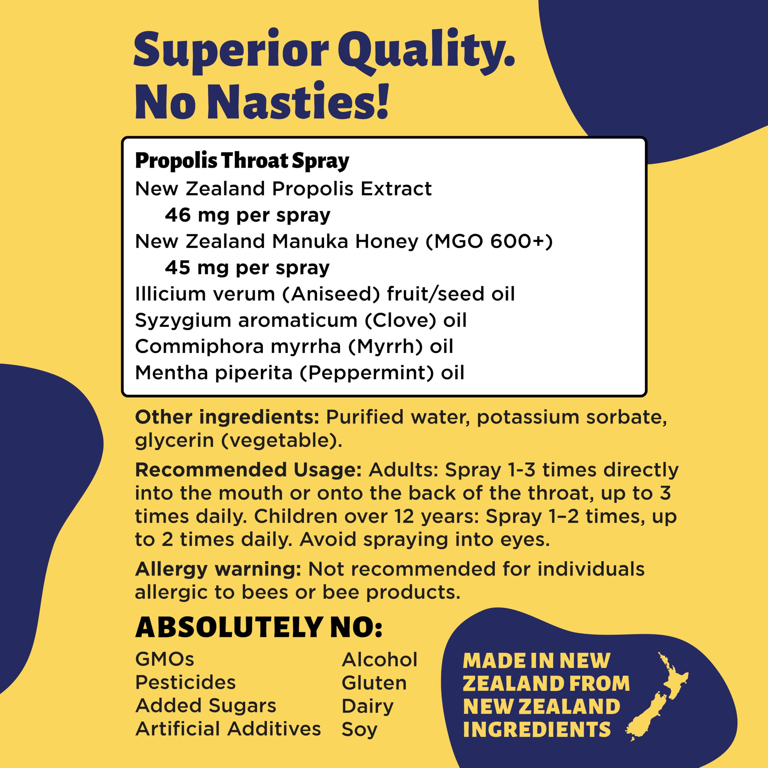 Holy Cow Health Propolis Manuka Spray, origine Nouvelle-Zélande et traçabilité.