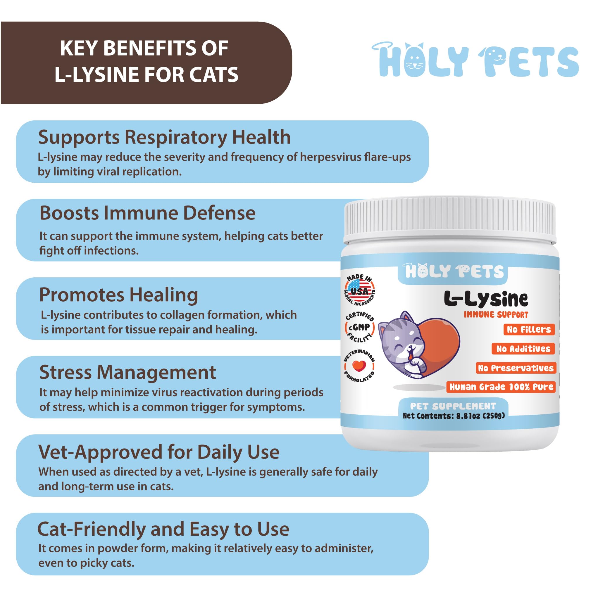 Holy Pets lysine poudre pour chats, cuillère-doseuse facile à mesurer pour dosages simples.