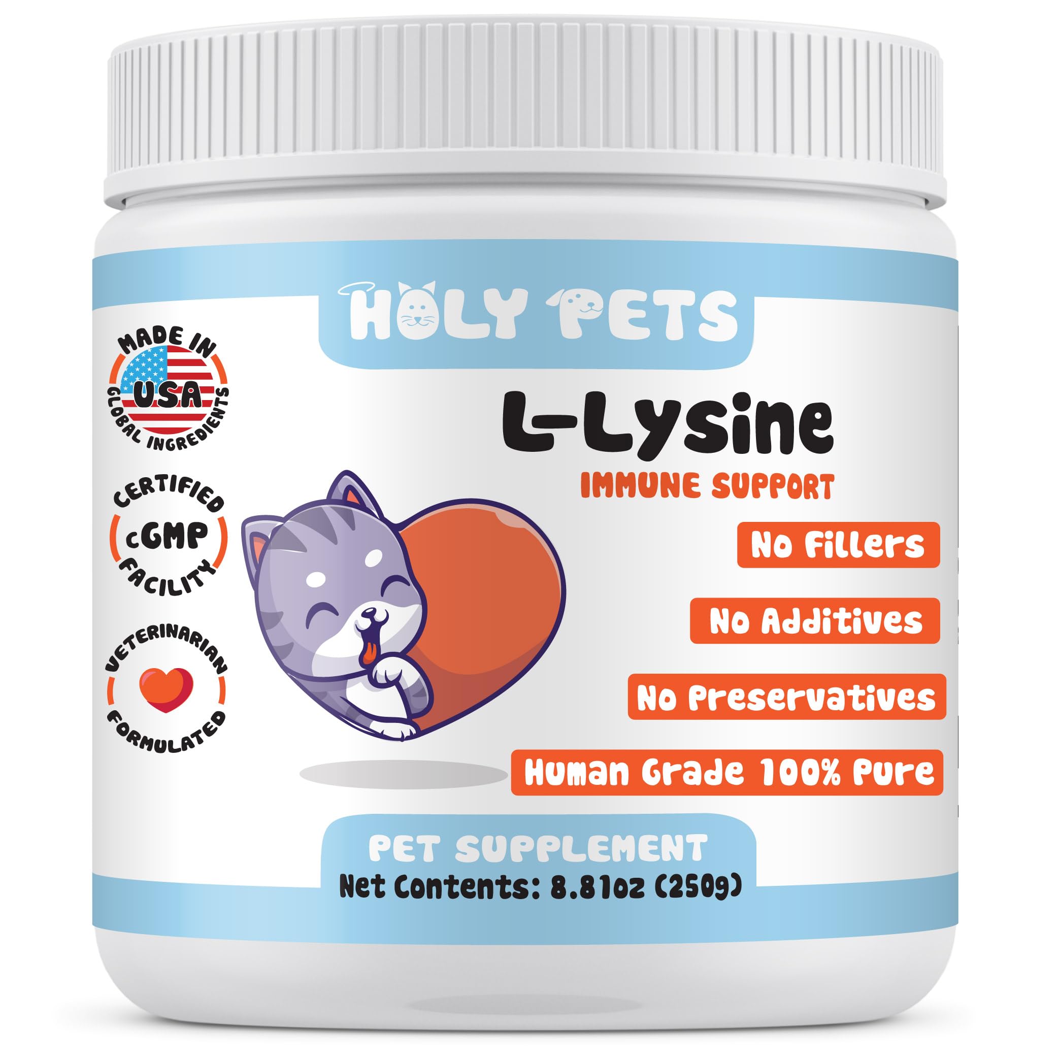 Holy Pets lysine poudre pour chats, pot pratique de 250 g pour usage quotidien.