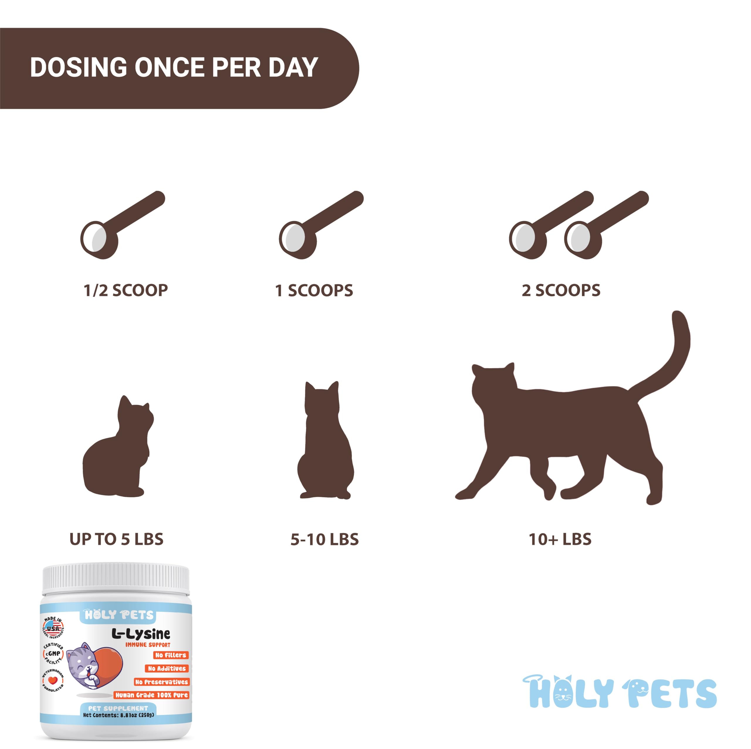 Holy Pets lysine poudre pour chats, idéal pour le bien-être immunitaire des chats.