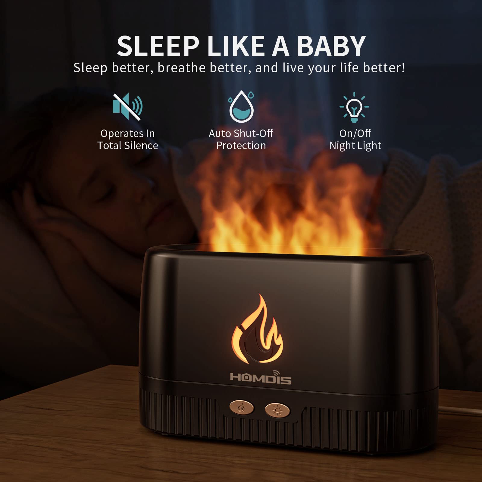 HOMDIS veilleuse aromathérapie pour nuits paisibles et respiration légère.