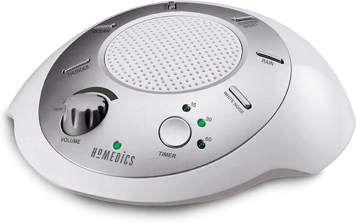 Homedics SoundSleep bruit blanc argenté, compacte et idéale pour voyager, favorise le calme nocturne