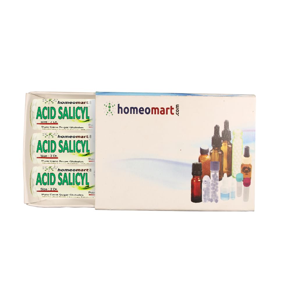 HomeoMart Acidum Salicylicum granules dans fioles en verre 2-dram, format pratique.