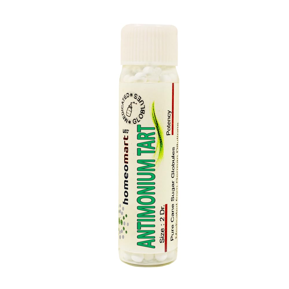 Homeomart Antimonium Tartaricum granules 6C dans flacon 2 dram, faciles à transporter.