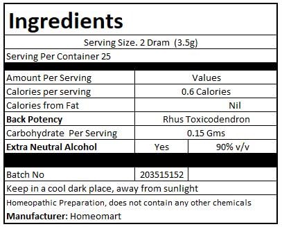 Etiquette Homeomart Rhus Toxicodendron Pellets indiquant le mode d'emploi.