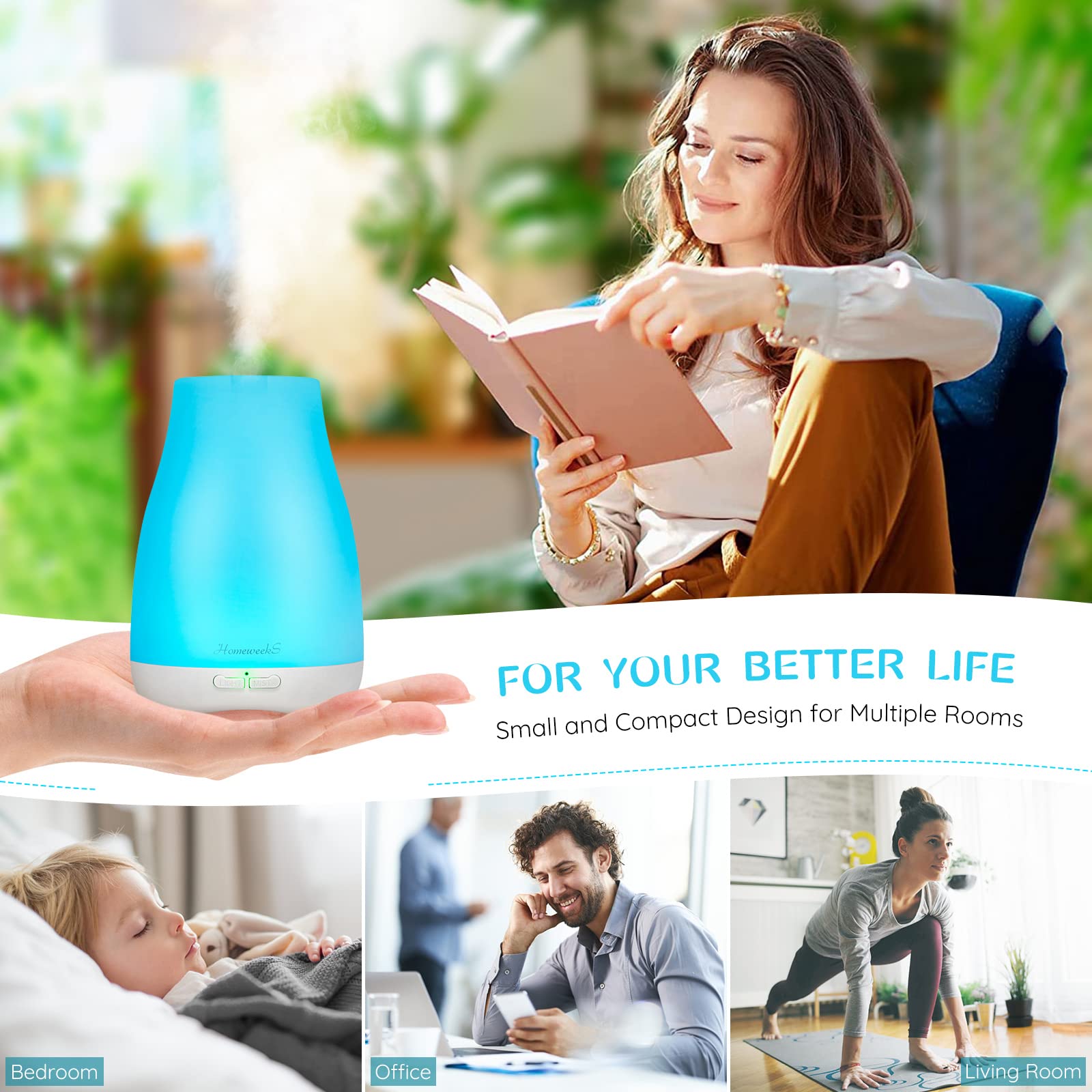 Diffuseur Homeweeks 100ml brume ajustable pour humidifier et parfumer votre espace.