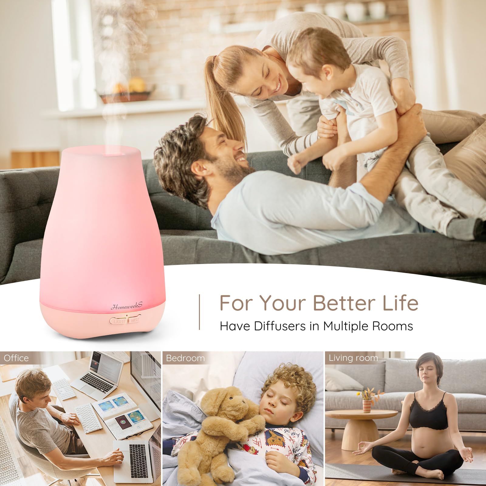 Diffuseur Homeweeks avec lumière nocturne pour dormir plus paisiblement.